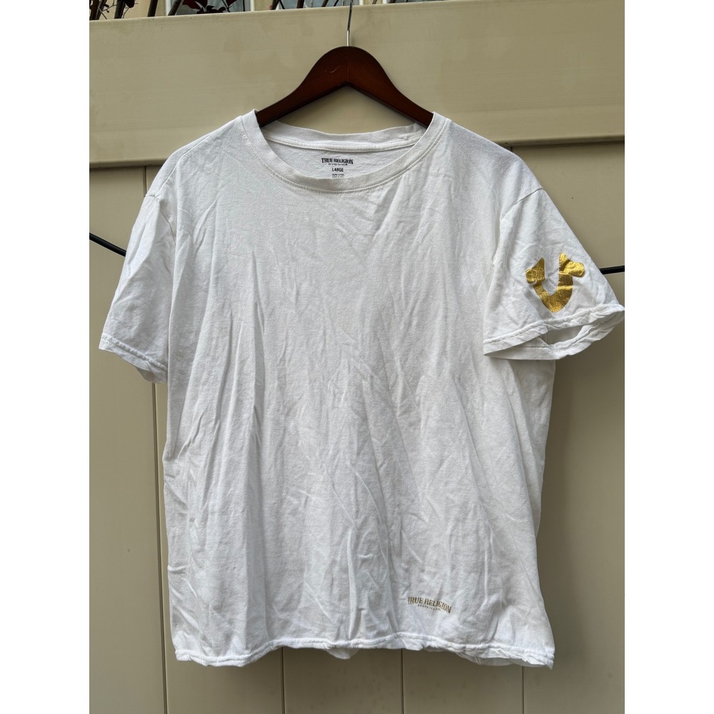 True Religion Mens White Gold Horseshoe Logo Graphic T-Shirt Large Cotton Tee